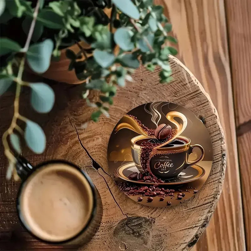Whimsical coffee design coaster placed on a wooden table next to a coffee cup and greenery