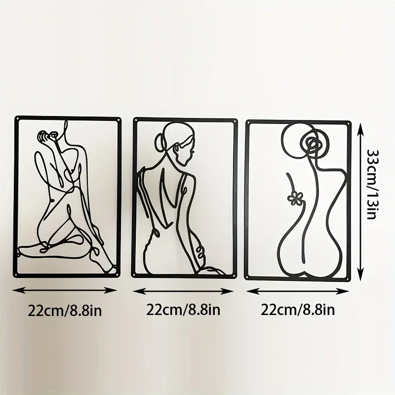 Dimensions diagram for three abstract metal line wall art pieces, each 33cm tall by 22cm wide.