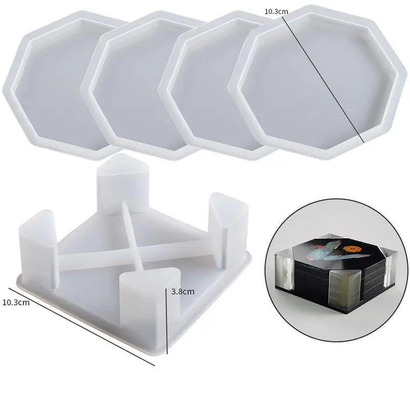 Resin Coaster Silicone Mold Set with Holder – Round, Square & Octagon DIY Drink Coaster Molds for Living Room & Gift-Making