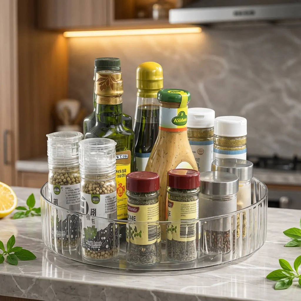 Clear turntable tray organizing bottles and spices on marble kitchen counter