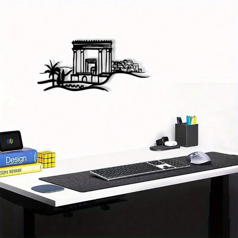 powder coated metal wall sculpture above a computer desk in a home office