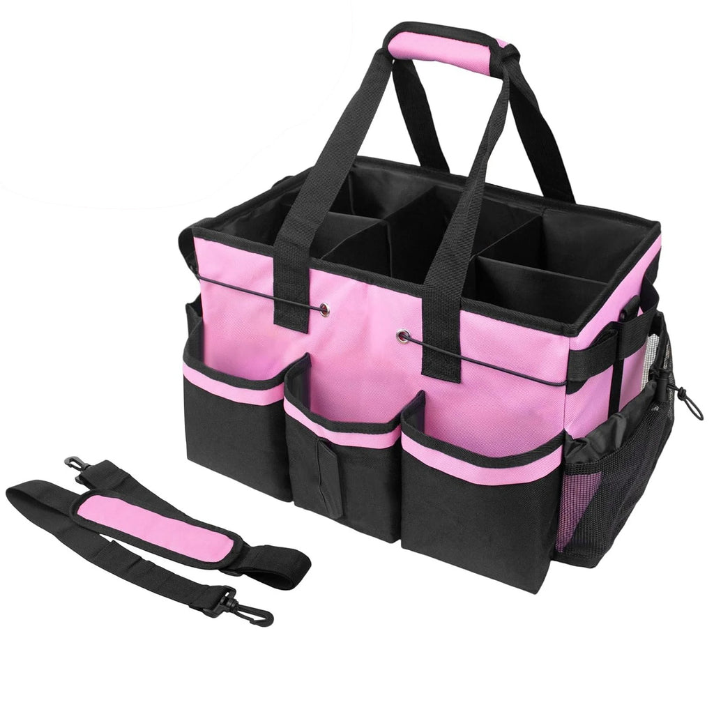 Large Pink Oxford Cloth Cleaning Caddy Bag with Adjustable Dividers and Shoulder Strap