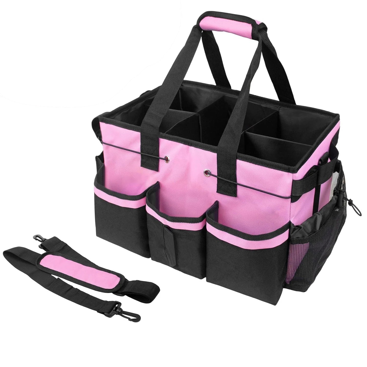 Large Pink Oxford Cloth Cleaning Caddy Bag with Adjustable Dividers and Shoulder Strap