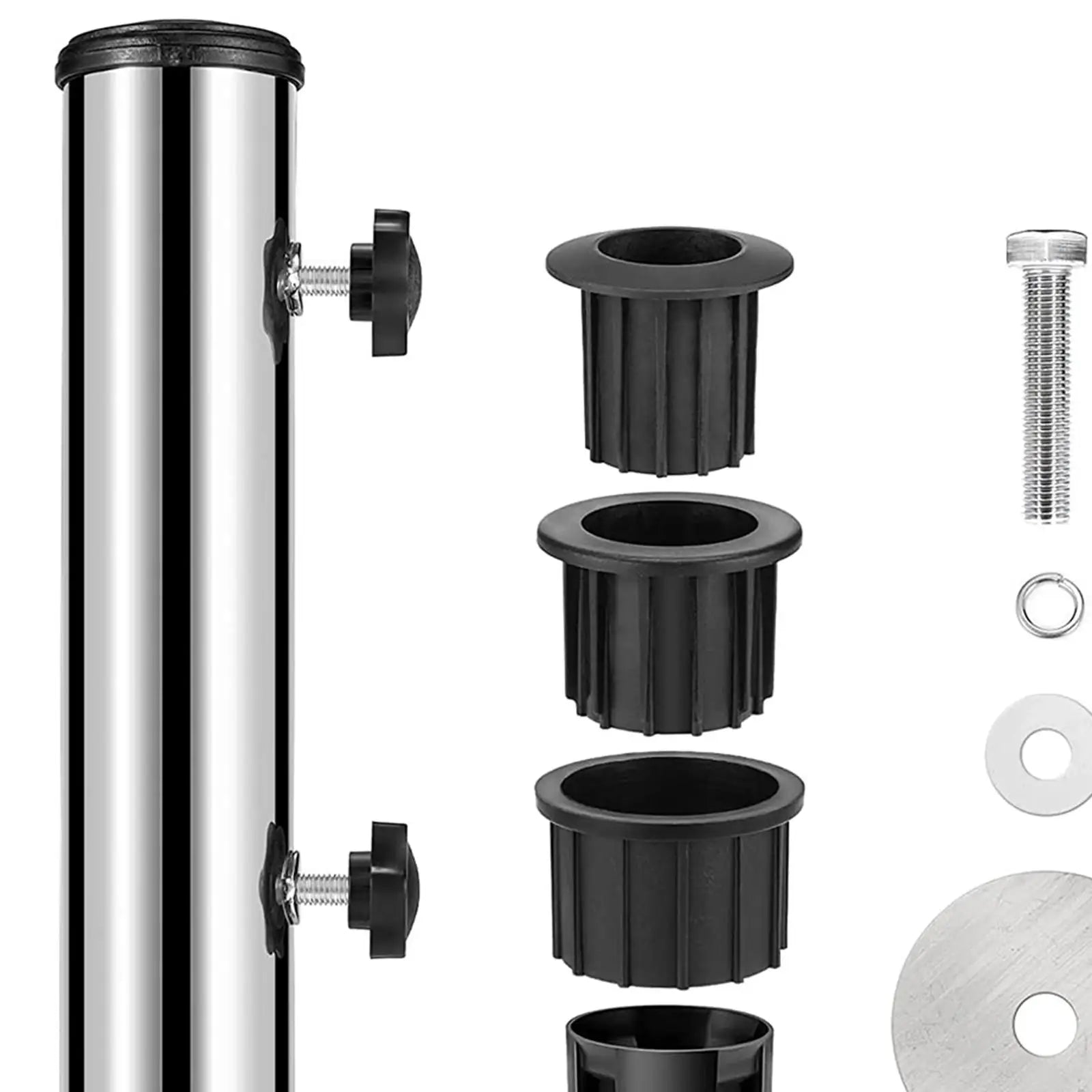 Close-up detail of the stainless steel umbrella stand base with different size adapters