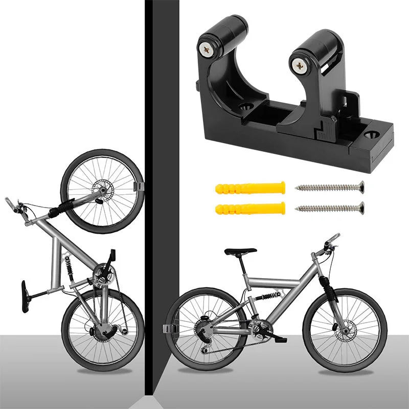 Wall-mounted adjustable bike rack shown holding a bicycle vertically and horizontally, with included yellow wall anchors and screws
