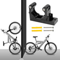 Wall-mounted adjustable bike rack shown holding a bicycle vertically and horizontally, with included yellow wall anchors and screws