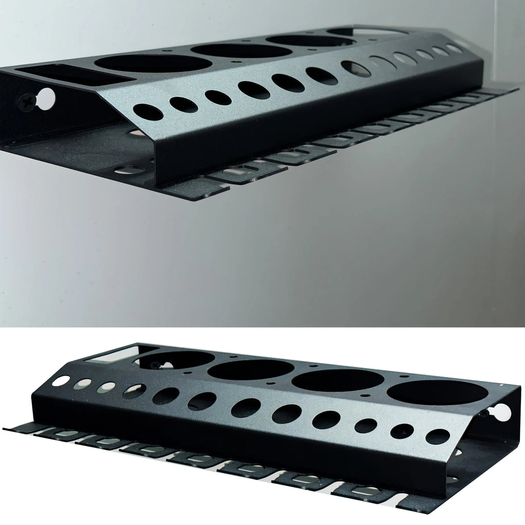 Metal spray bottle organizer rack shown empty and mounted on a wall