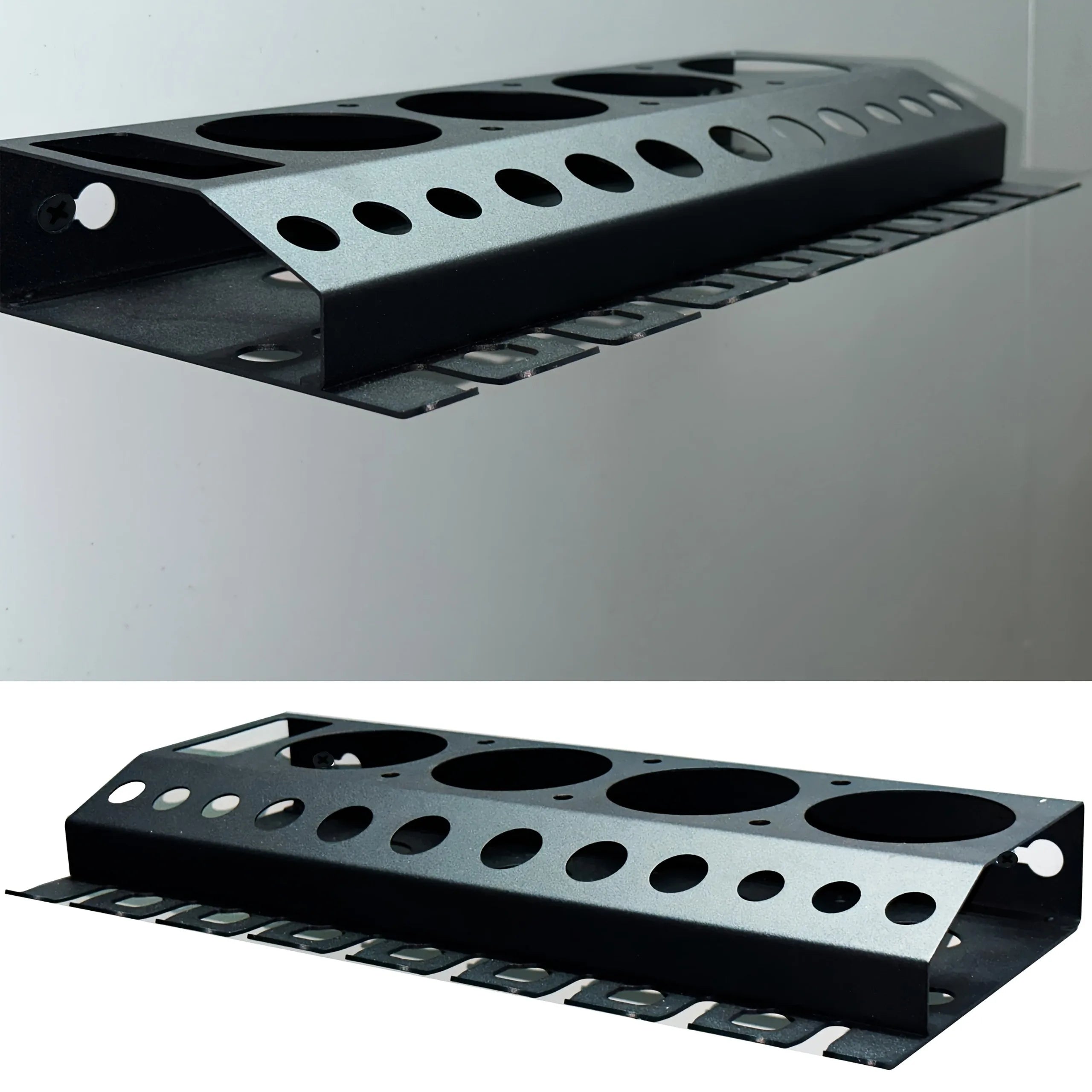 Metal spray bottle organizer rack shown empty and mounted on a wall