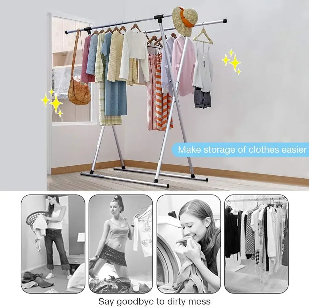 Clothes drying rack in indoor setting with illustrations of daily laundry use