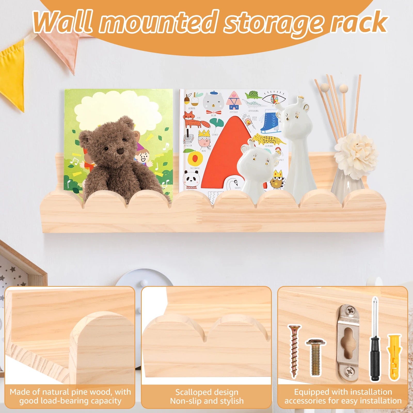 Close-up of scalloped wood wall shelf with installation accessories, teddy bear, books, and vases; icons highlight wood, design, and assembly