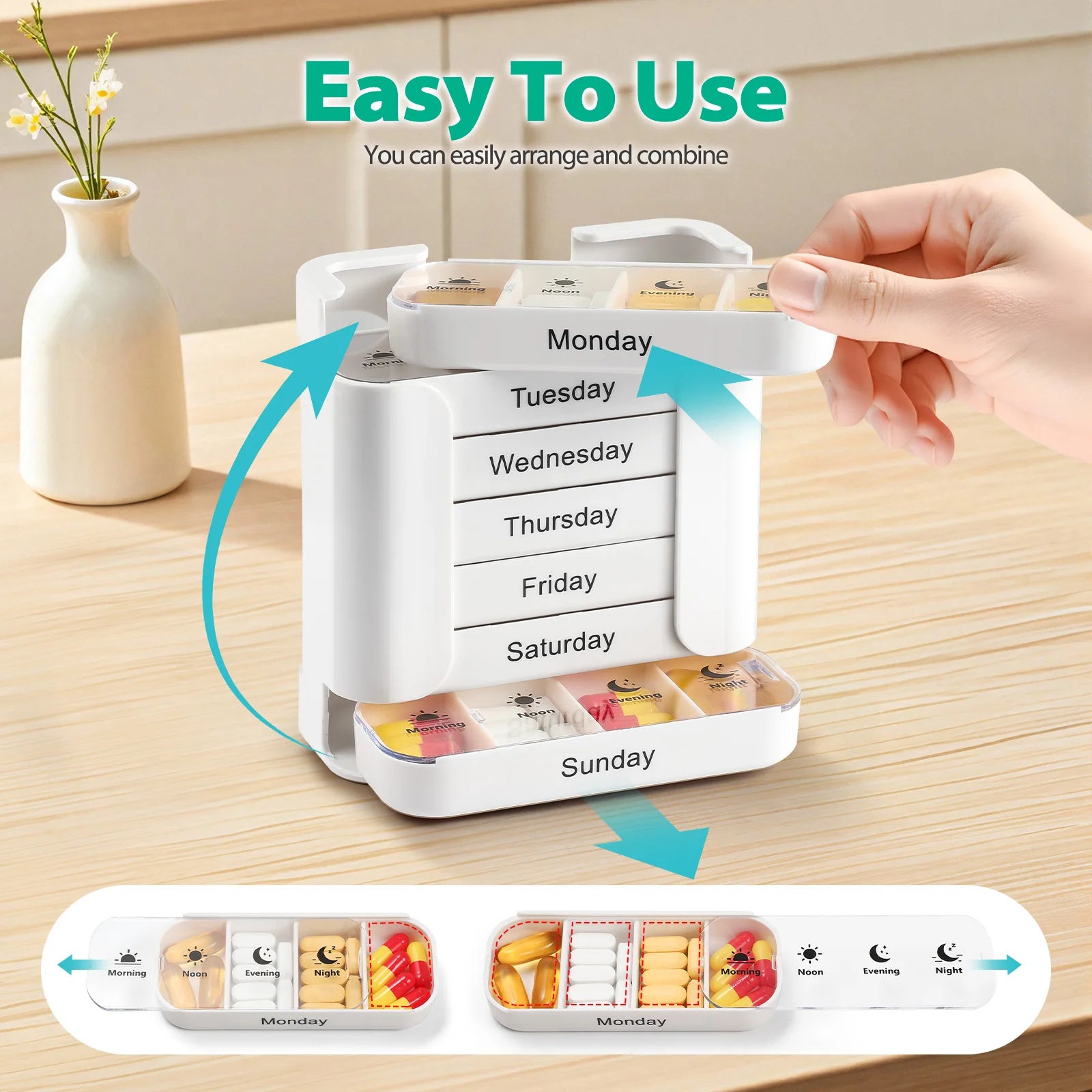 Hand removing a daily tray from a weekly pill organizer, illustrating how the organizer can be arranged and used