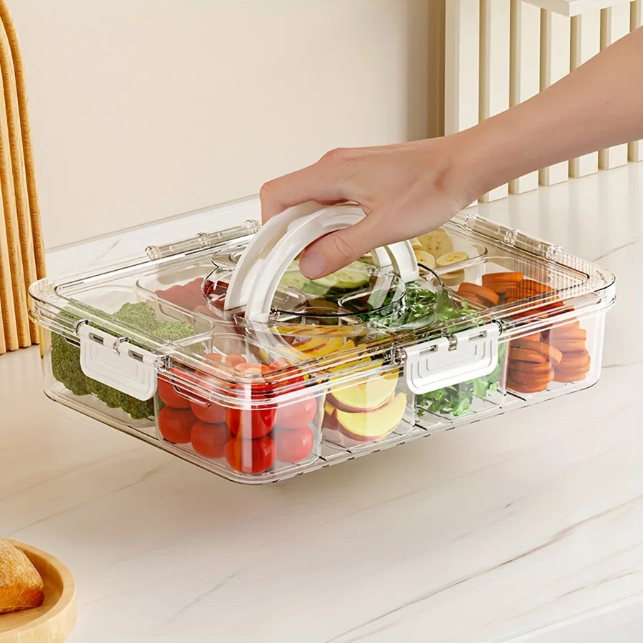 Hand lifting a lidded divided serving tray filled with produce from a kitchen counter