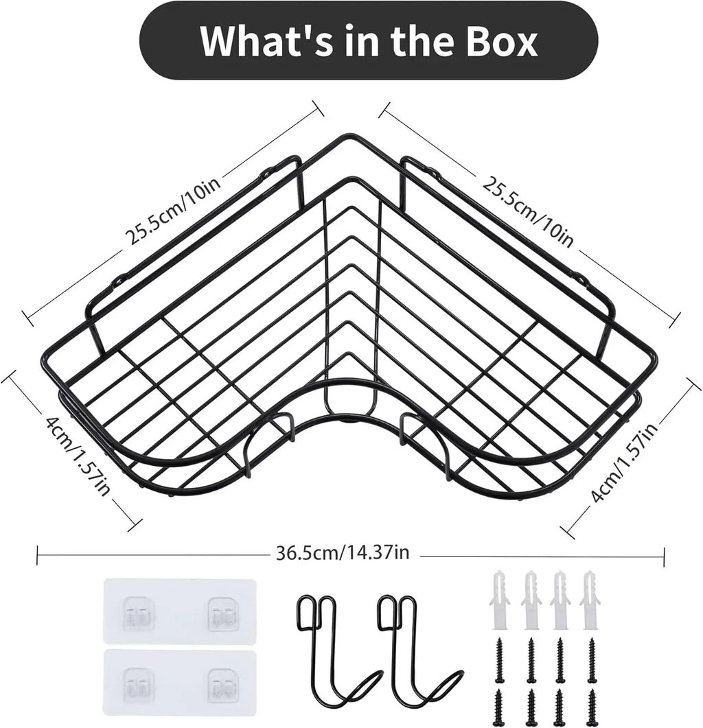 Black corner shelf with included adhesive pads, removable hooks, and screws, with labeled dimensions