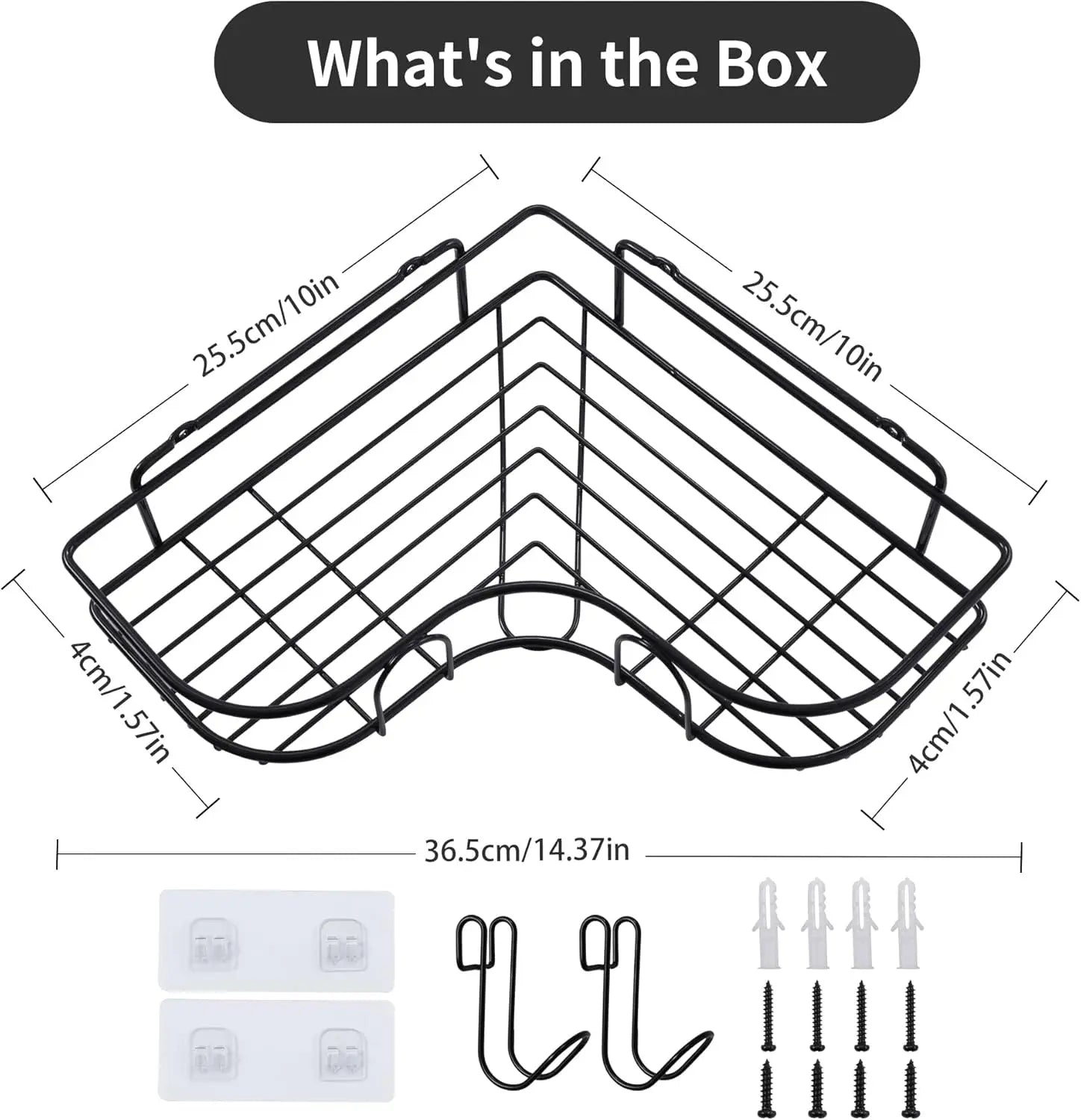 Black corner shelf with included adhesive pads, removable hooks, and screws, with labeled dimensions