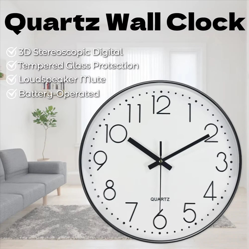 Minimalist wall clock with large numbers and tempered glass in a living room setting