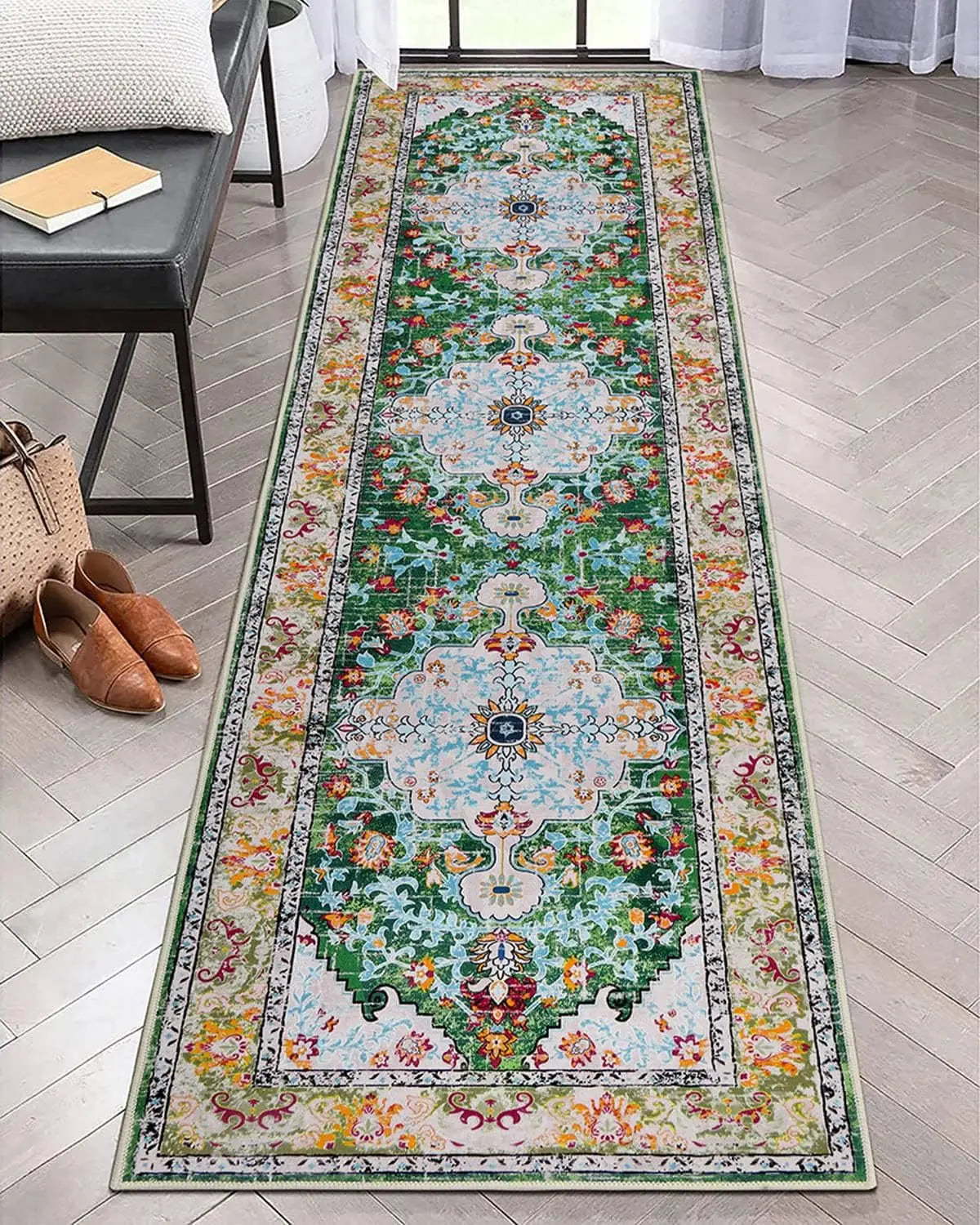 Boho Geometric Hallway Runner Rug – Non-Slip, Water Absorbent, Machine Washable, for Entryway, Kitchen & Laundry