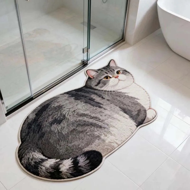 Chubby Cat-Shaped Quick-Dry Bath Mat with Non-Slip Rubber Back for Bathroom & Entryway