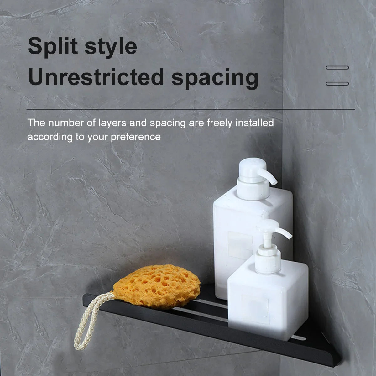 black triangle corner shower shelf installed in bathroom holding bottles and sponge with visible product benefits text
