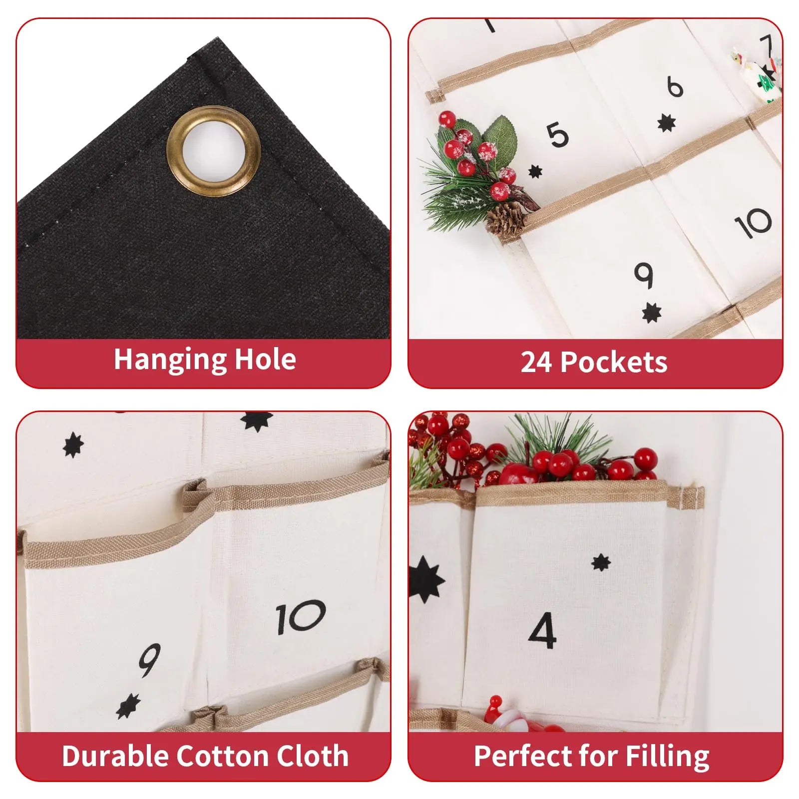 close-up details showing hanging hole, pockets, and durable cotton cloth material of the advent calendar