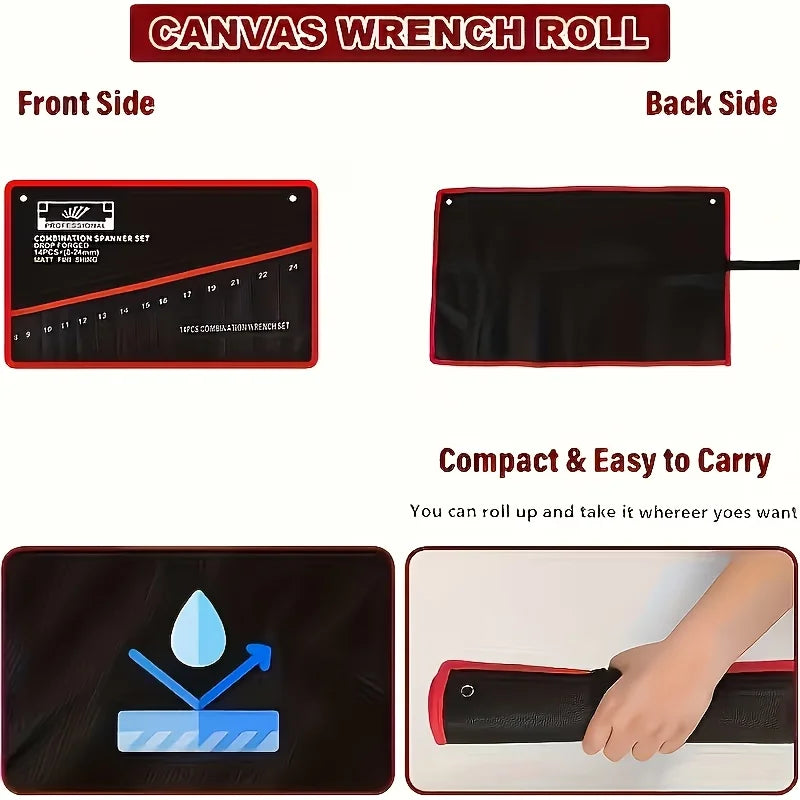 front and back sides of the tool roll, demonstrating rollable, compact design and handle for portability