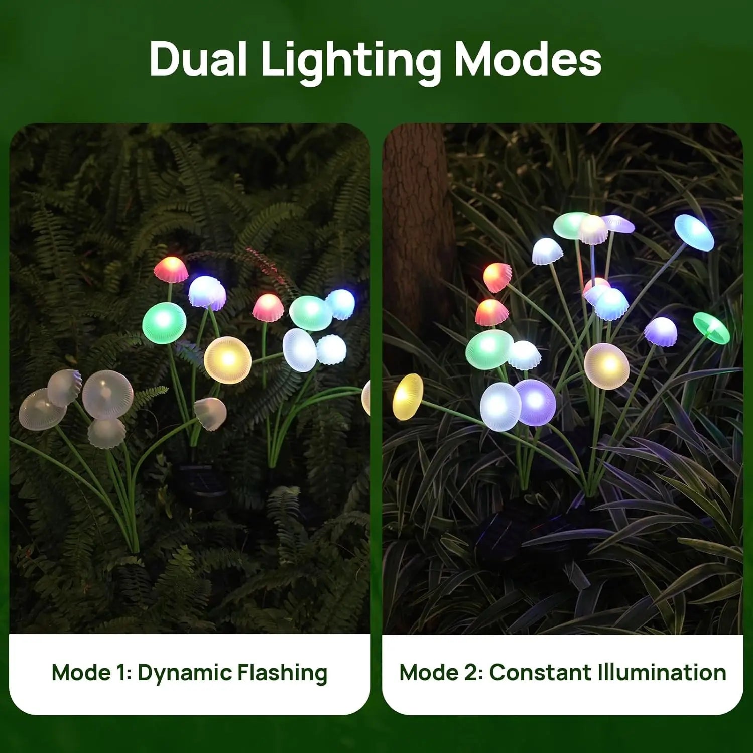 Comparison of solar mushroom lights in color-changing and steady white light modes outdoors