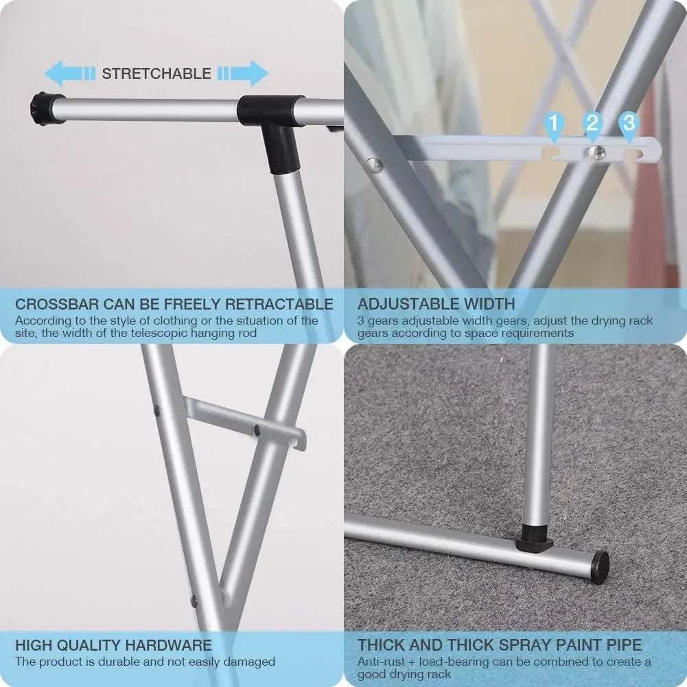 Close-up details of adjustable telescopic drying rack hardware and settings