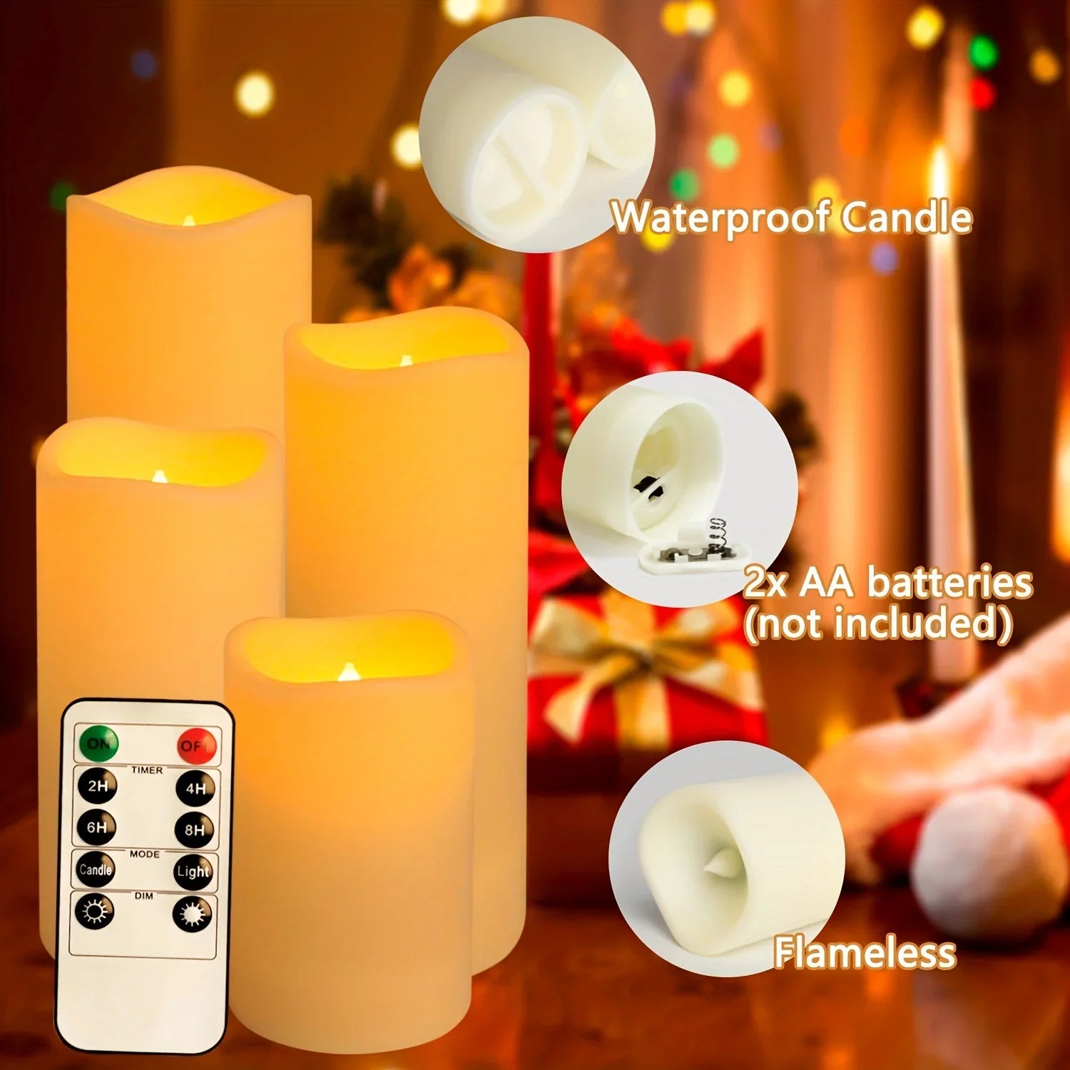 Flameless LED candles with remote control, details showing battery compartment and waterproof label on a cozy background