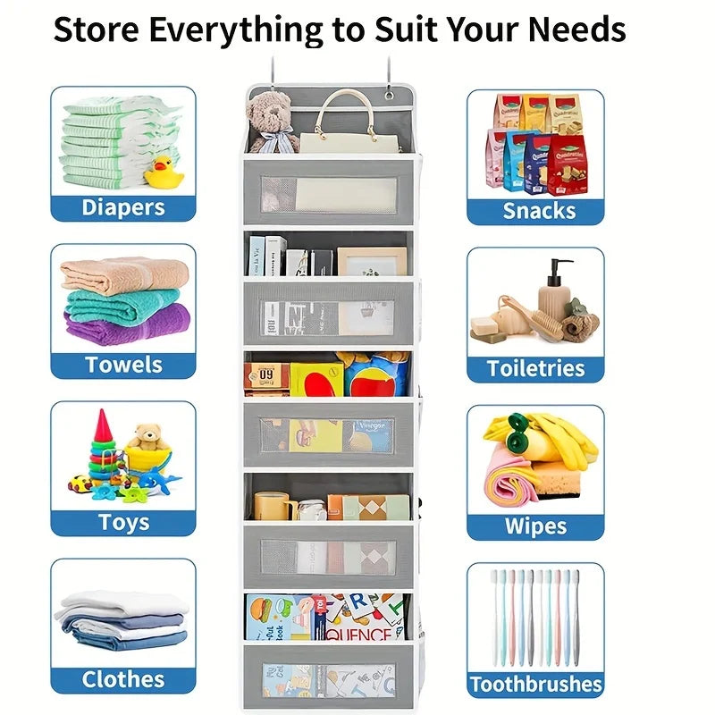 over-the-door organizer showing example items like diapers, towels, toys, and toiletries