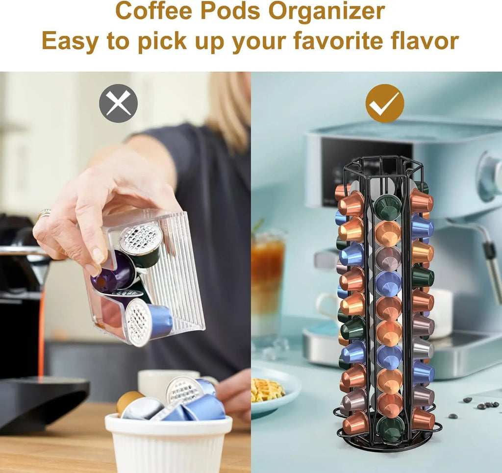 Comparison of messy coffee pods in a box versus organized in a rotating pod holder next to a coffee machine