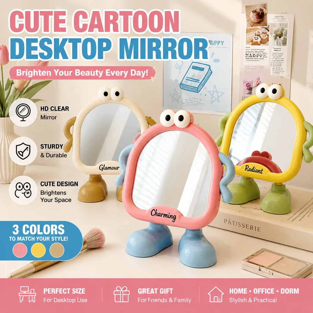 three colorful cartoon standing desktop makeup mirrors arranged on a desk