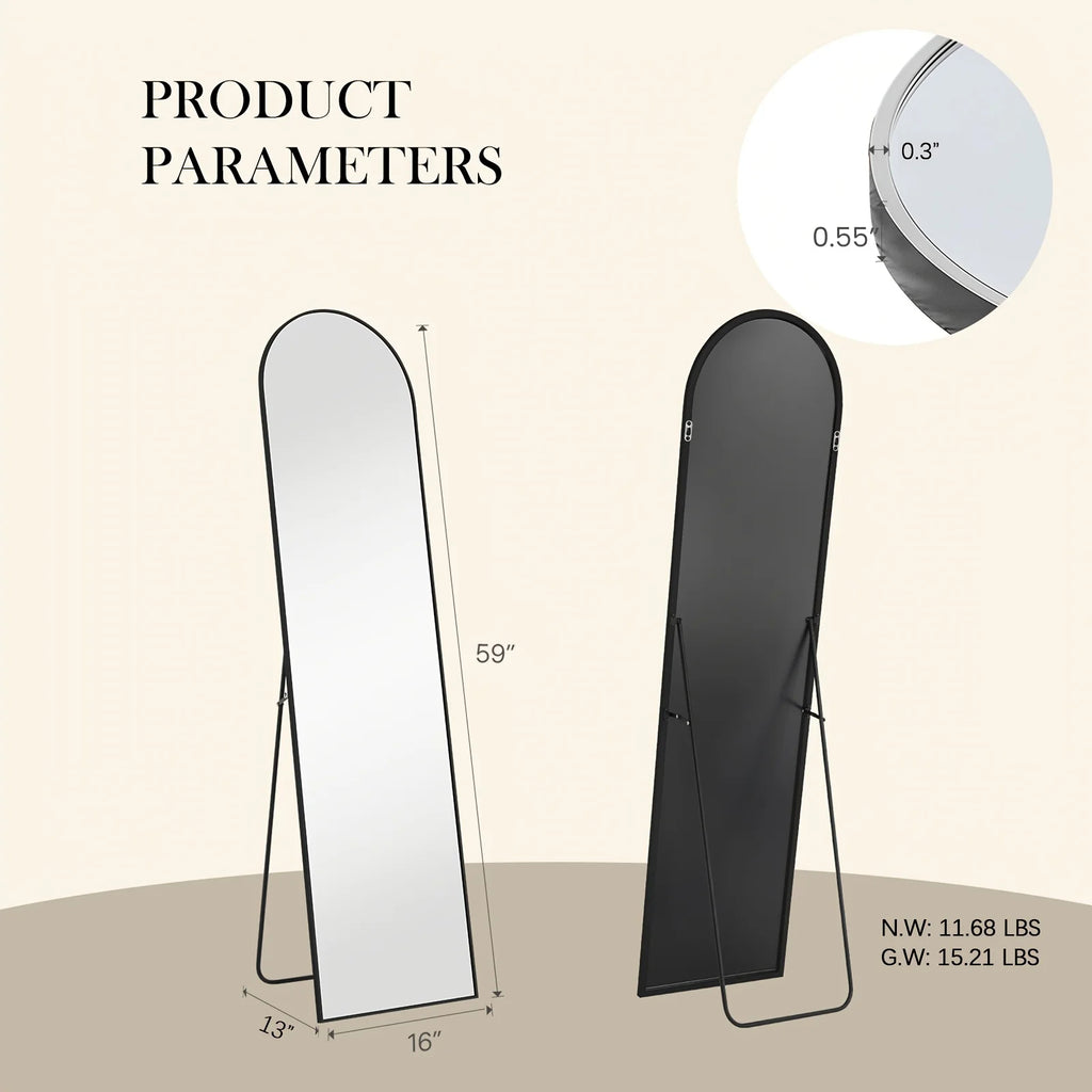 Arched full length mirror and rear view with product dimensions and frame detail callout