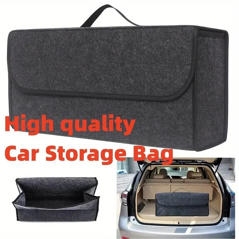 Grey felt car trunk organizer bag shown in trunk with open and closed views