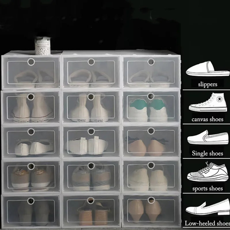 Stacked clear shoe storage boxes filled with various types of shoes and side illustrations for shoe types like slippers and sneakers