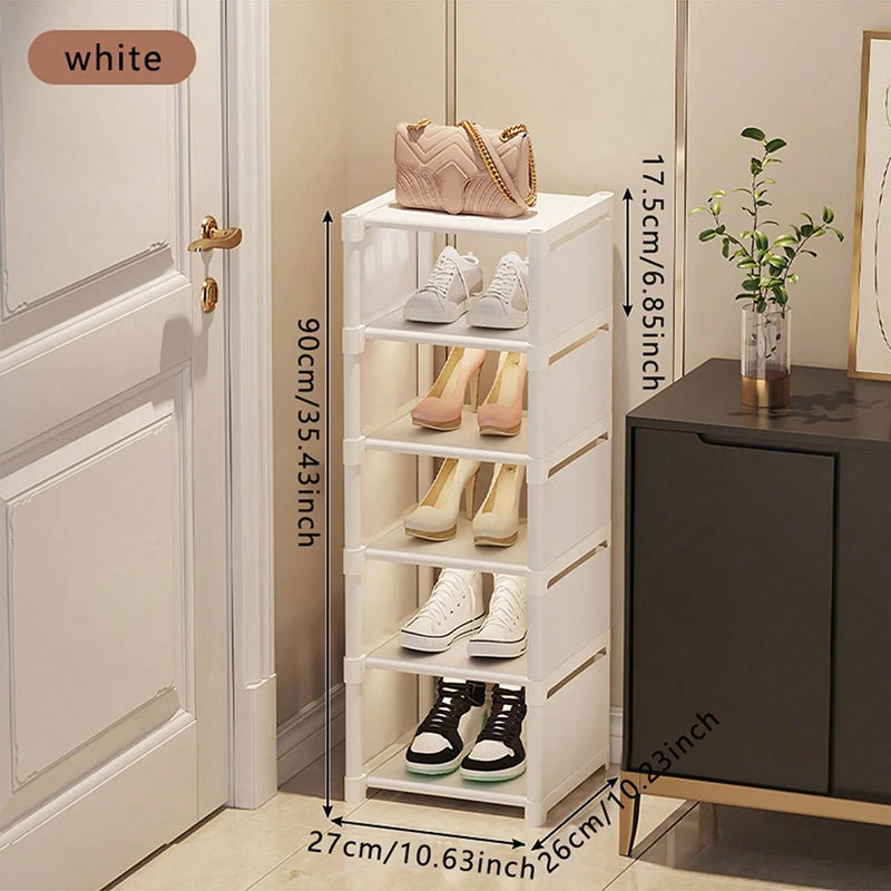White slim shoe rack with six tiers, showing size and dimensions beside a door in a hallway.