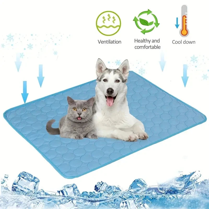 Blue cooling pet mat with dog and cat lying on top, ventilation and comfort graphics