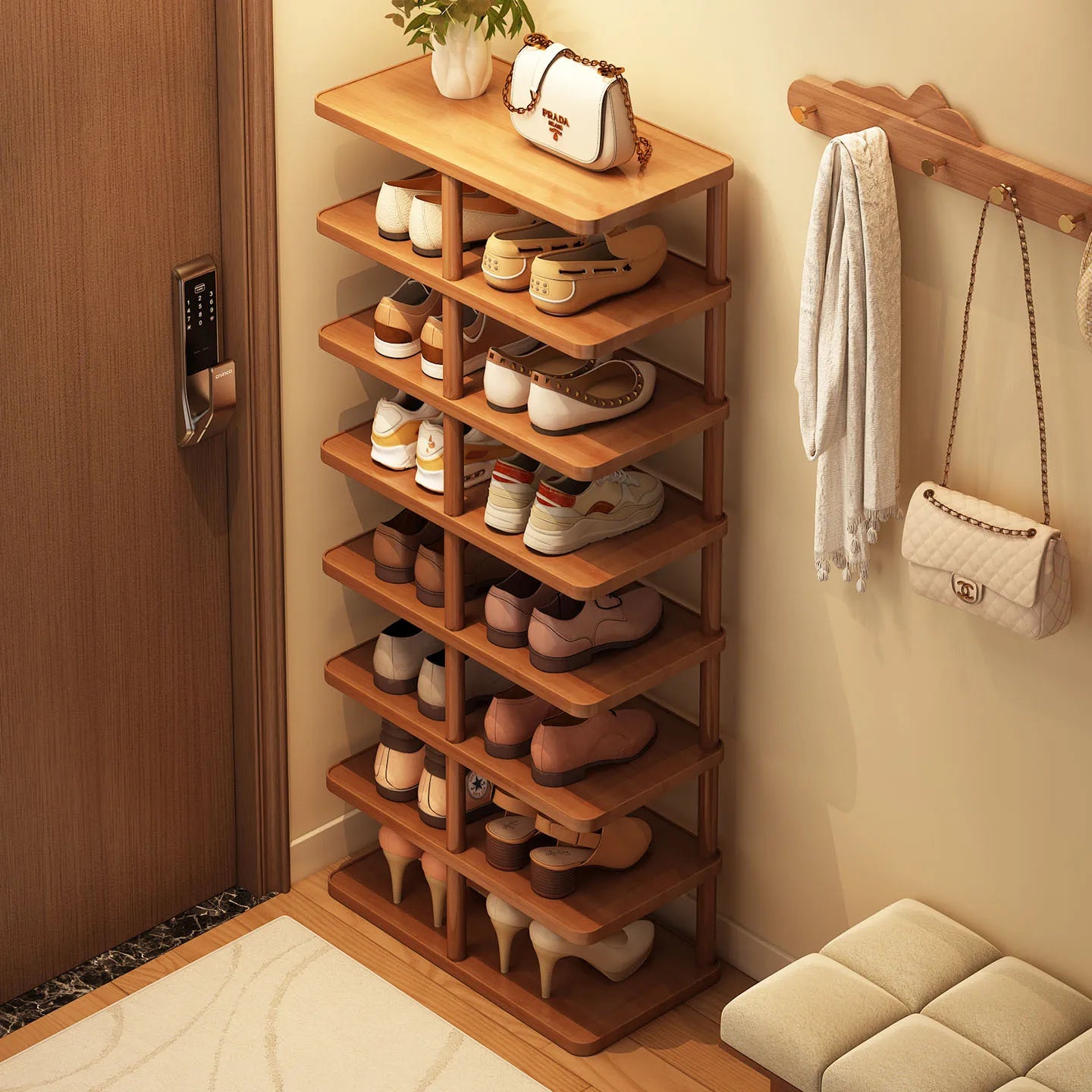Bamboo multi-layer shoe rack in an entryway with shoes neatly organized