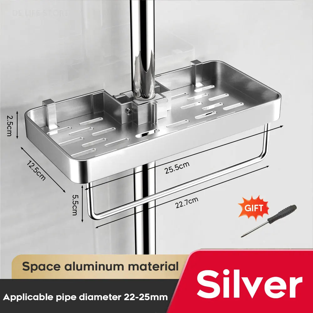 Adjustable Aluminum Shower Caddy with Towel Bar for Round Shower Poles