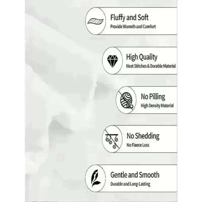 Infographic showing the features of the throw blanket including fluffiness, no pilling, and no shedding