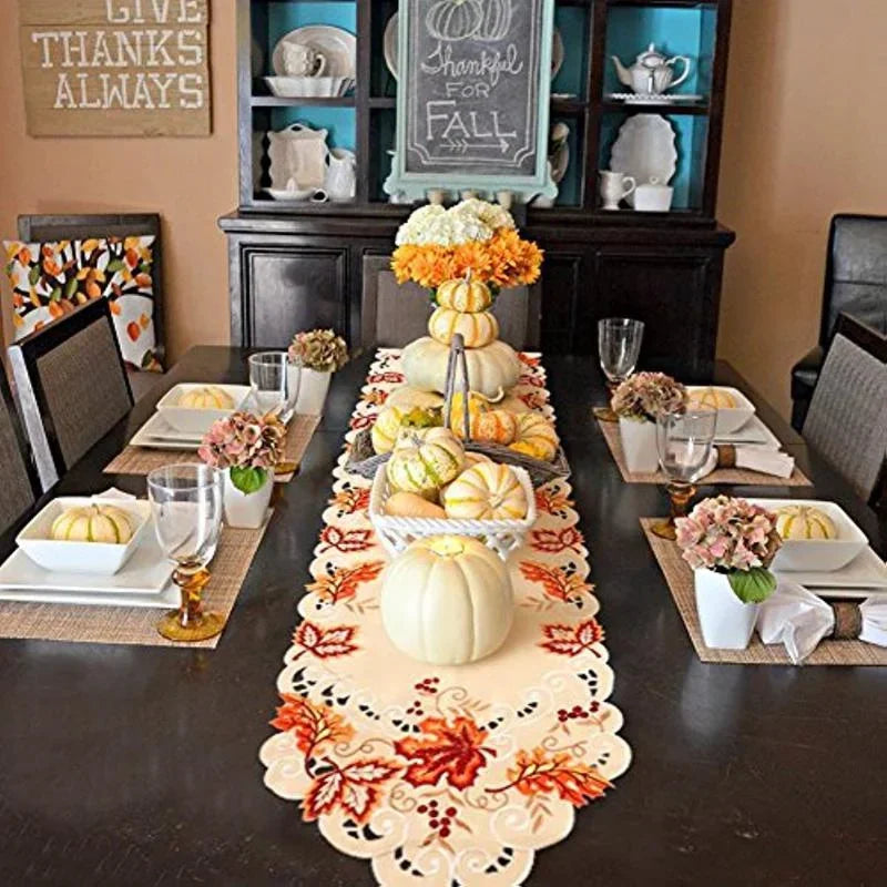 Maple Leaf Embroidered Fall Table Runner for Thanksgiving & Autumn Dining