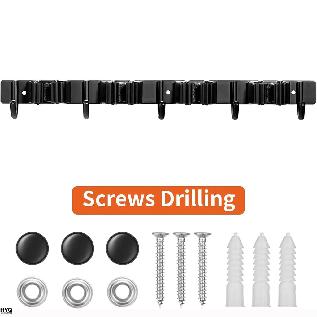 Black wall tool rack with installation hardware, including screws and anchors