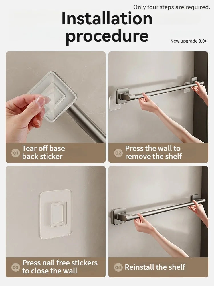 Adhesive Gray Aluminum Towel Bar – No-Drill Wall-Mounted Towel Rack for Bathroom, Kitchen, or Laundry