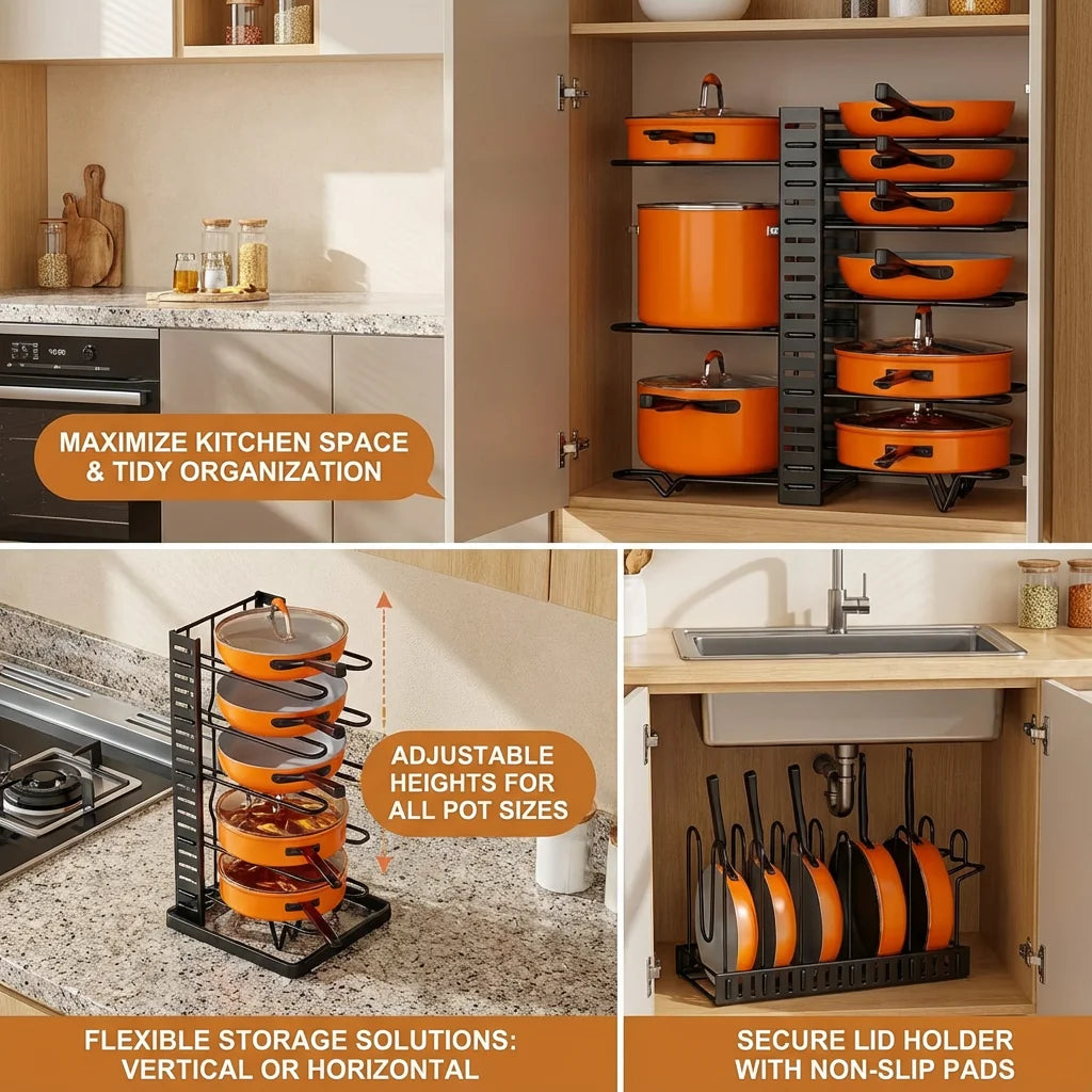 Adjustable 8-tier pot and pan organizer holding orange cookware in kitchen cabinets and on countertops
