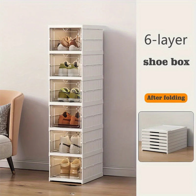 Six-tier white shoe organizer stacked in a corner, with inset image showing folded-down storage