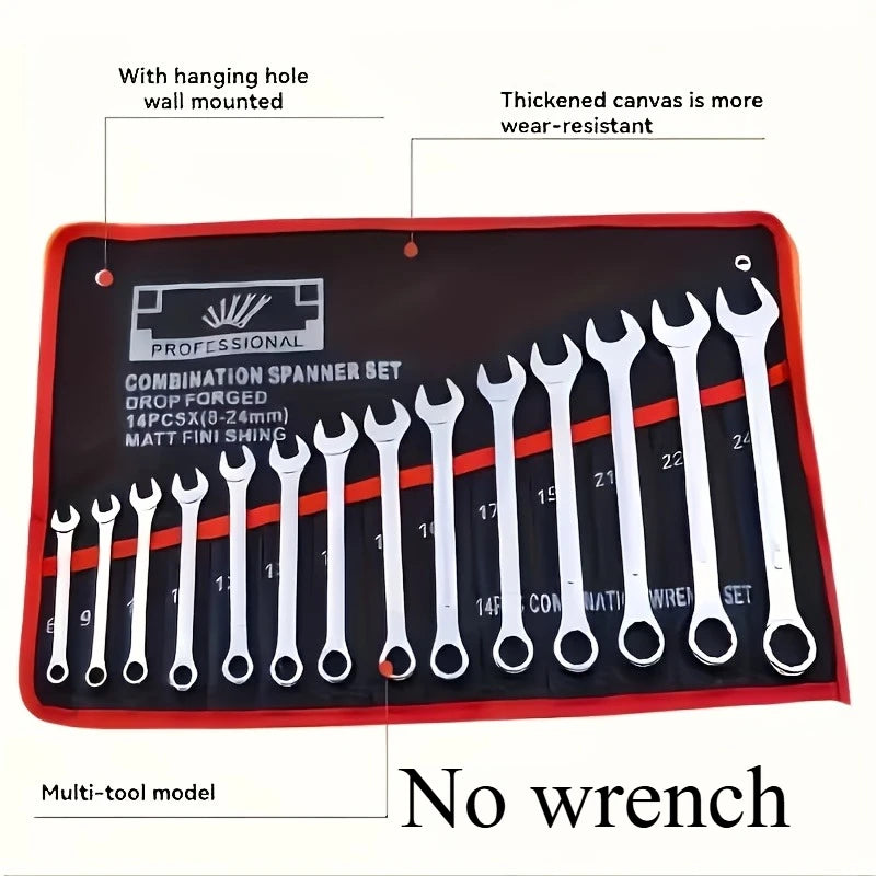 14-pocket black canvas tool roll organizer laid flat, shown with labeled wrench slots and hanging holes for wall mounting (wrenches not included)