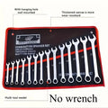 14-pocket black canvas tool roll organizer laid flat, shown with labeled wrench slots and hanging holes for wall mounting (wrenches not included)
