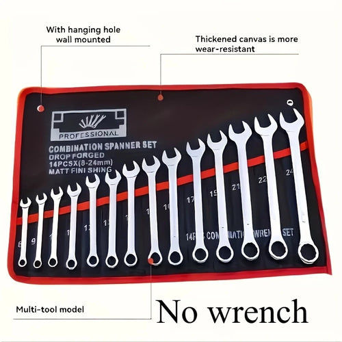 14-pocket black canvas tool roll organizer laid flat, shown with labeled wrench slots and hanging holes for wall mounting (wrenches not included)