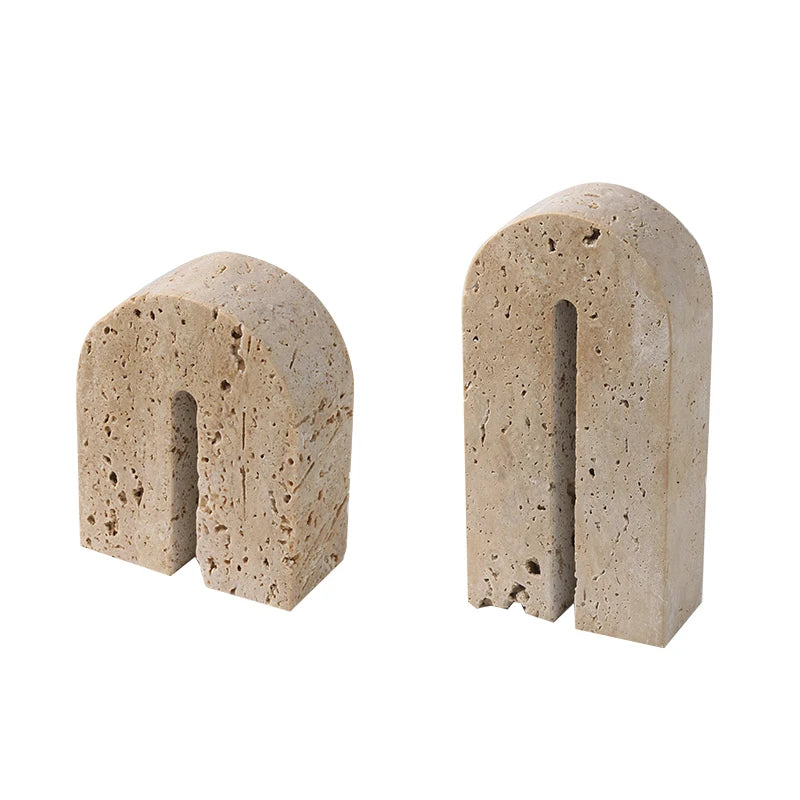 Arched Travertine Stone Bookends for Living Room & Shelf Organization – Retro Beige Sculptural Design