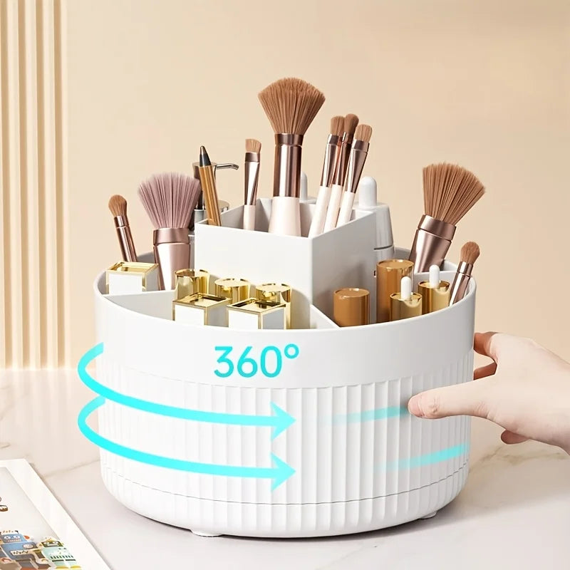 Rotating makeup organizer on a vanity holding makeup brushes and cosmetics