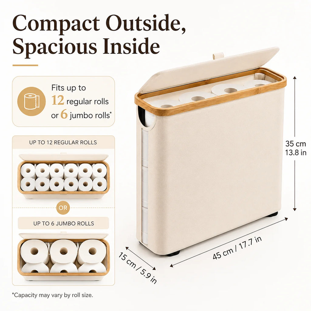 slim fabric bathroom storage bin with bamboo lid, shown holding 12 toilet paper rolls and labeled with size dimensions