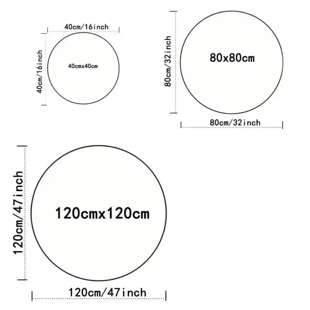 Size chart showing three round rug diameters: 40cm, 80cm, 120cm
